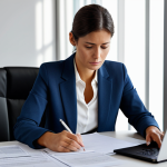 A professional female tour guide in a modest business suit, seated at a modern office desk in a well-lit Spanish office. She is looking at legal documents on a laptop, surrounded by neatly organized papers. The atmosphere is calm and focused, highlighting the administrative aspects of starting a business. Fully clothed, appropriate attire, safe for work, perfect anatomy, correct proportions, natural pose, well-formed hands, proper finger count, natural body proportions, professional photography, high quality, professional, appropriate content.