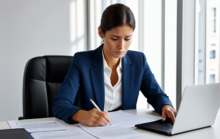A professional female tour guide in a modest business suit, seated at a modern office desk in a well-lit Spanish office. She is looking at legal documents on a laptop, surrounded by neatly organized papers. The atmosphere is calm and focused, highlighting the administrative aspects of starting a business. Fully clothed, appropriate attire, safe for work, perfect anatomy, correct proportions, natural pose, well-formed hands, proper finger count, natural body proportions, professional photography, high quality, professional, appropriate content.