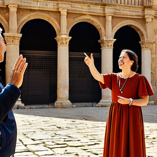 Home 7 Storytelling Guide**
"A professional, fully clothed tour guide in Spain, standing in front of an ancient Roman ruin. She is gesturing with enthusiasm, telling a story to a group of tourists (fully clothed, appropriate attire). The scene is bathed in warm, golden light. Background shows classic Spanish architecture. Safe for work, appropriate content, perfect anatomy, correct proportions, natural pose, professional setting, modest dress."
**