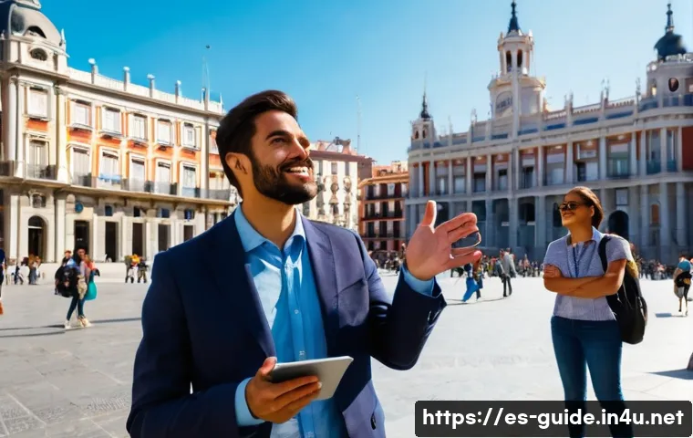 관광통역안내사 직업 만족도와 개선점 - A passionate Spanish tour guide in professional attire, confidently leading a diverse group of touri...