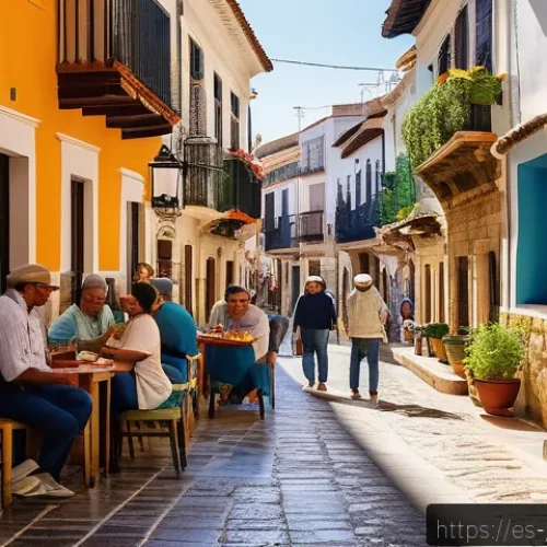 Home 28 관광통역안내사 협회와 관련된 활동 - A vibrant street scene in a traditional Spanish town featuring a local tour guide warmly interacting...