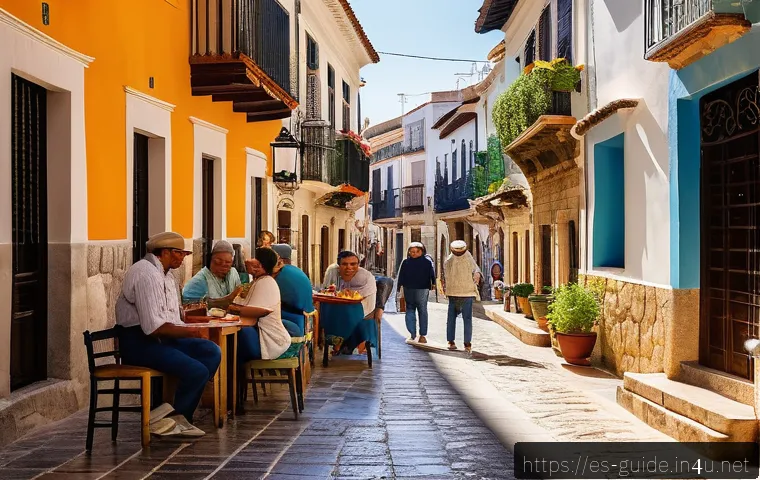 관광통역안내사 협회와 관련된 활동 - A vibrant street scene in a traditional Spanish town featuring a local tour guide warmly interacting...