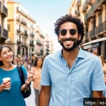 Home 21 관광통역안내사로서 필요한 소프트 스킬 - A warm and welcoming tour guide greeting a diverse group of Spanish-speaking tourists in a sunny Bar...
