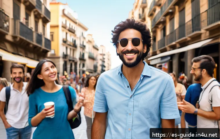 관광통역안내사로서 필요한 소프트 스킬 - A warm and welcoming tour guide greeting a diverse group of Spanish-speaking tourists in a sunny Bar...