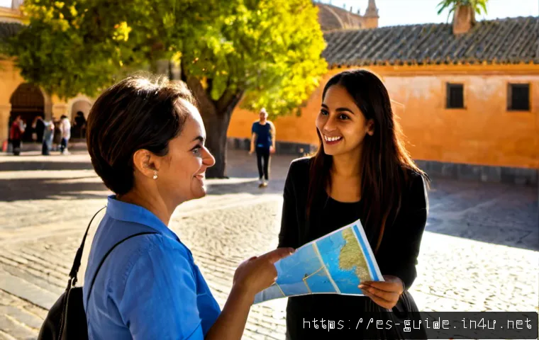 관광통역안내사로서 다양한 국적 고객 이해 - Photorealistic licensed tour guide in a sunlit historic plaza in Seville, Spain, warmly assisting a ...